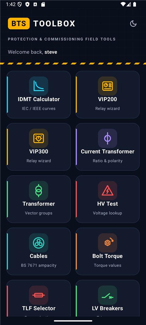 BTS Toolbox home — protection and commissioning field tools