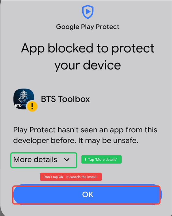 Play Protect warning — tap More details, not OK