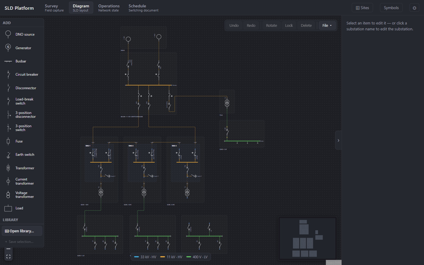 SLD Platform — an 11 kV ring network drawn with IEC 60617 symbols